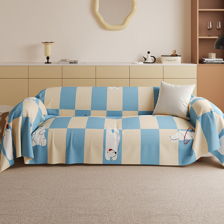 Stretch-Fit Checkerboard Sofa Slipcover with Cute Cat Illustration
