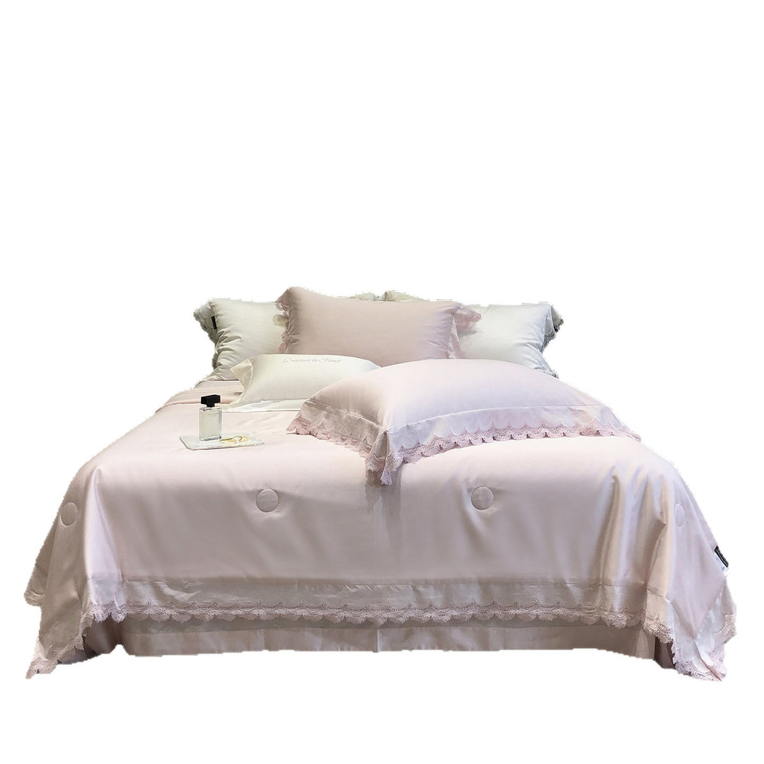 Elegant satin bedding set with lace trim and quilted bedspread