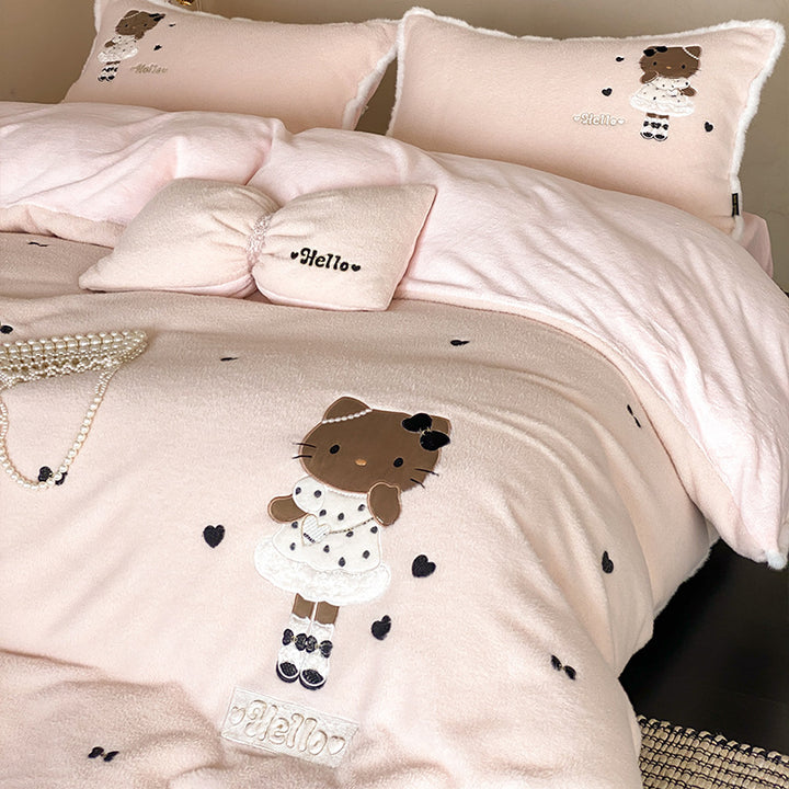 cozy plush bedding set with bear embroidery