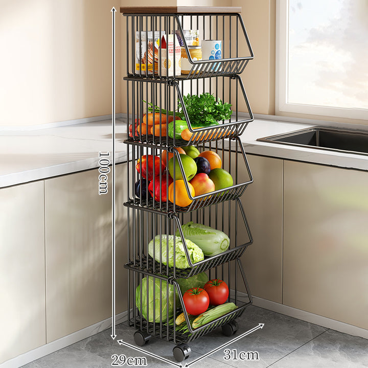 Countertop Wooden-Top Metal Wire Produce Storage Basket with Front-Tilt Access