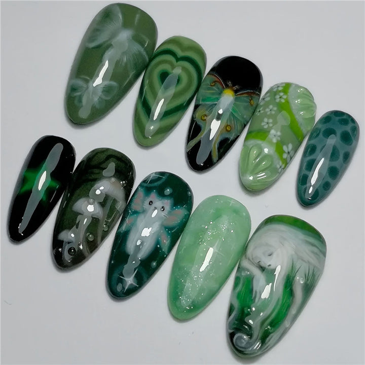 Artistic Green-Themed Acrylic Nail Enhancements Kalsten