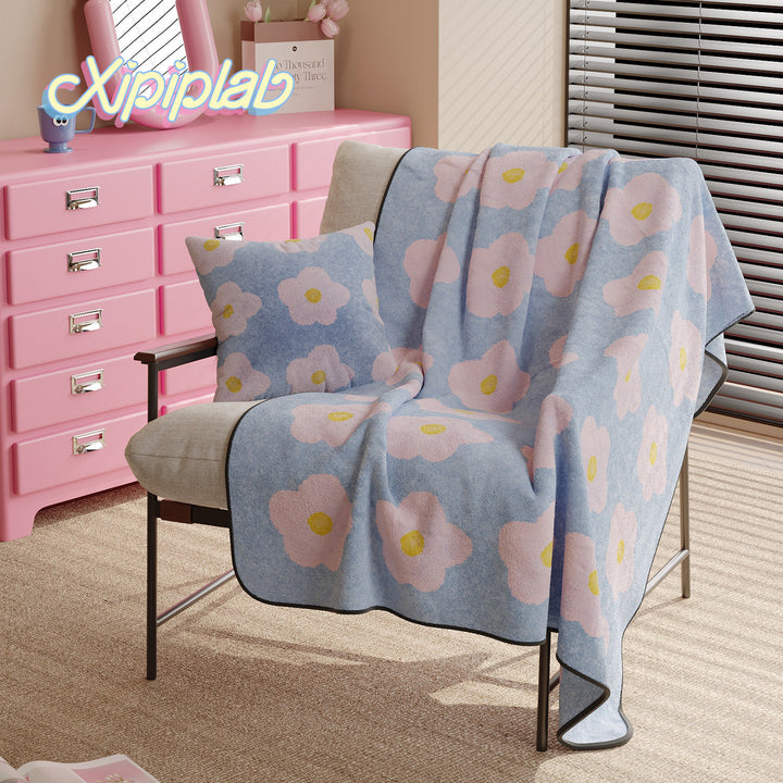 Plush Microfiber Reversible Throw Blanket and Decorative Pillow Cover Set with Oversized Flower Motif