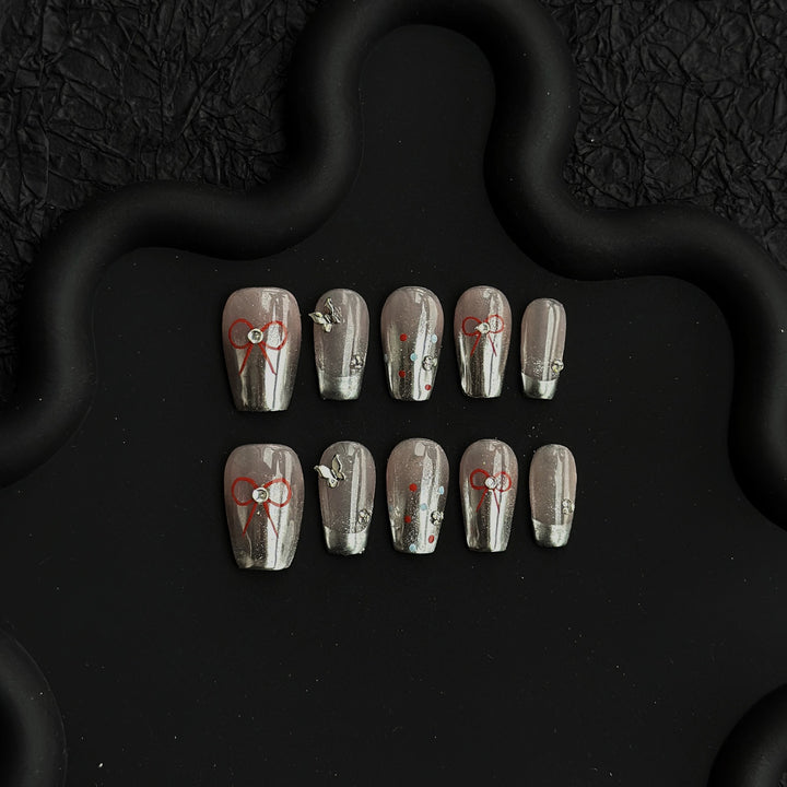 Artistic Press-On Nail Art Set with Bow and Gem Details