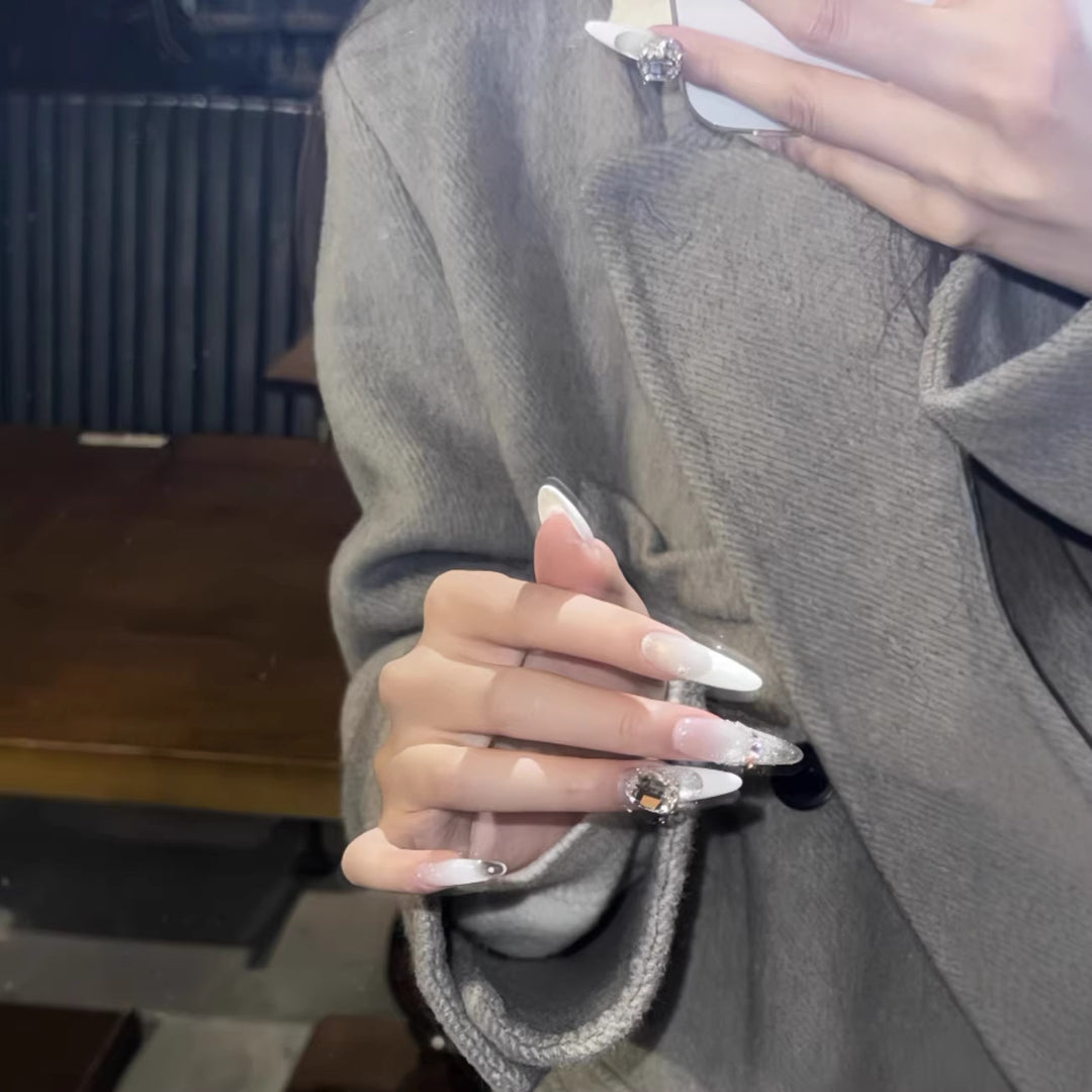 Premium French Tip Nail Extensions with Crystal Accents