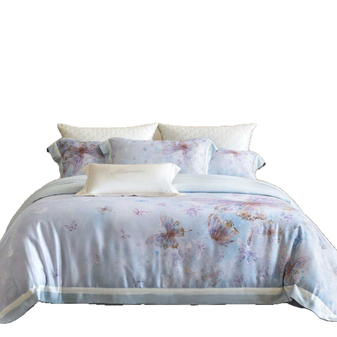 Luxurious cotton satin bedding set with large butterfly print and fine satin piping