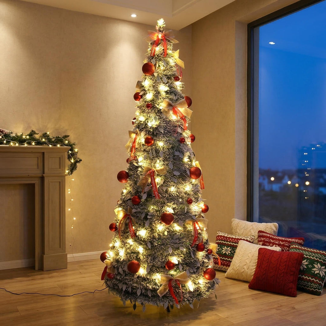 Slim Flocked Tabletop Christmas Tree With Pre-Decorated Bows And Ornament Accents