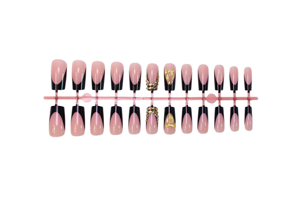 Artificial nail set with elegant gold decoration and stylish black Kalsten