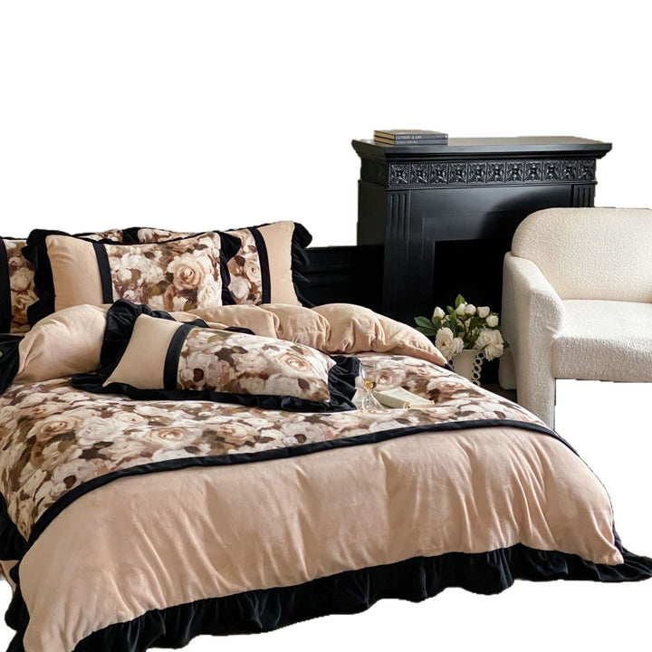 Romantic bedding set with ruffle, floral jacquard insert, and decorative ribbons
