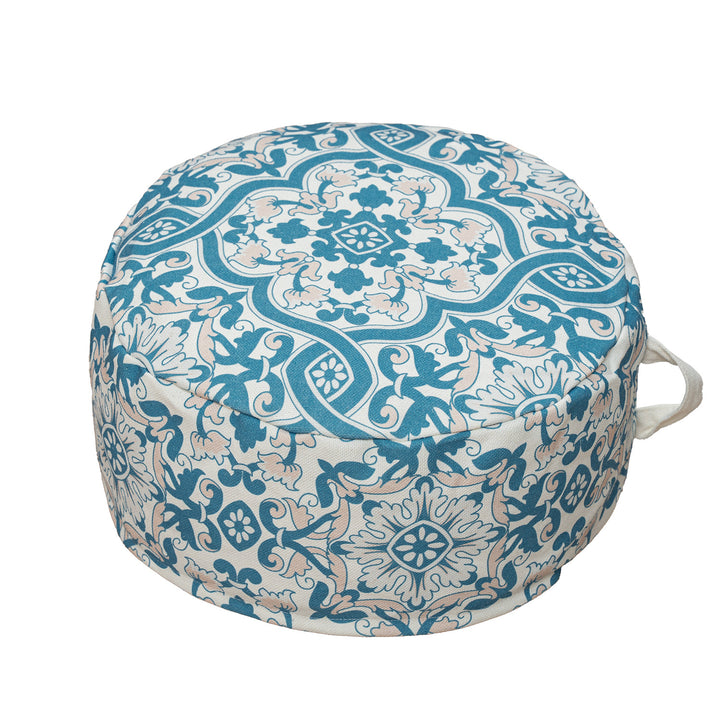 Beef floor seat pouf with handle and patterned canvas cover