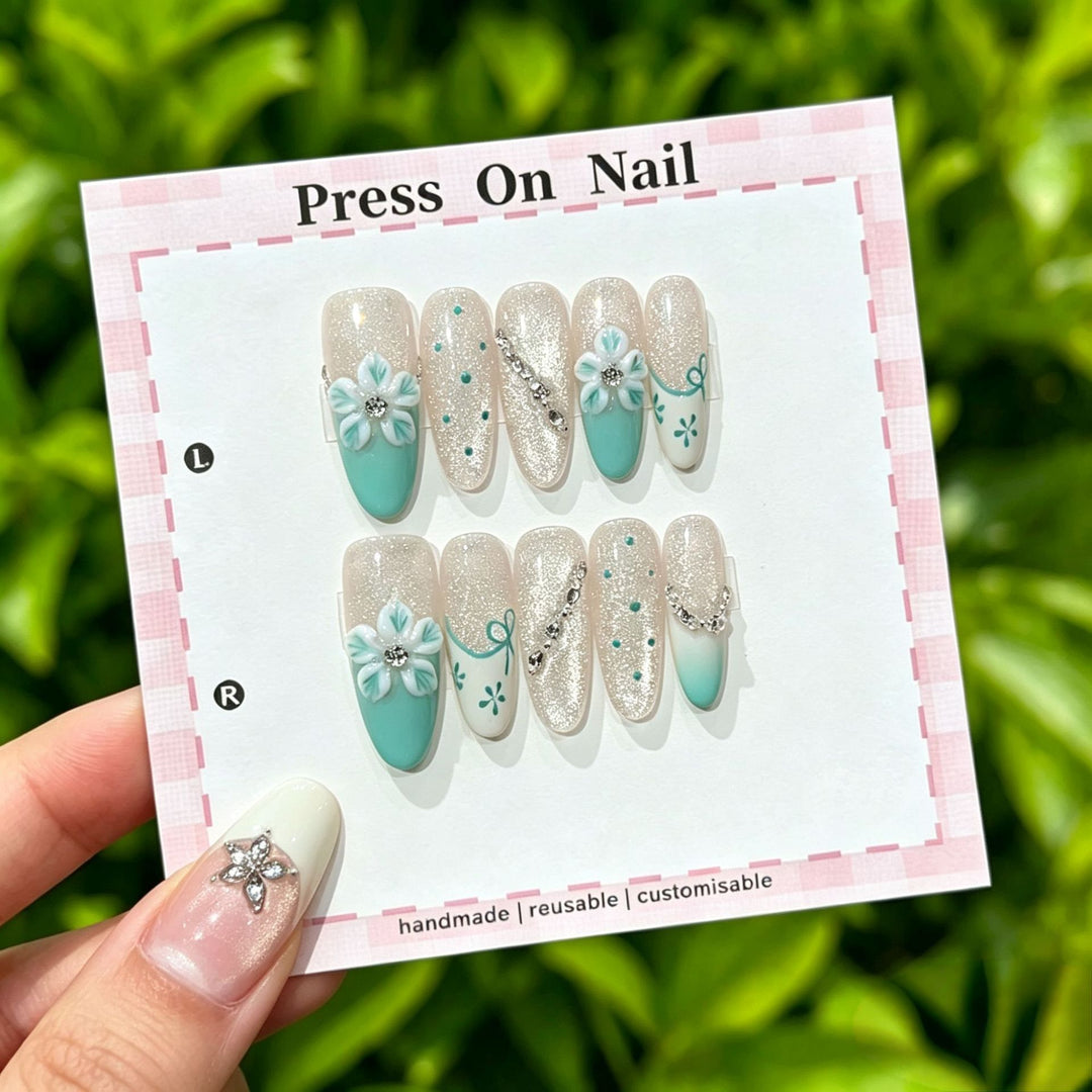 Artistic Press-On Nail Art Set with Cute Character and Bow Accents