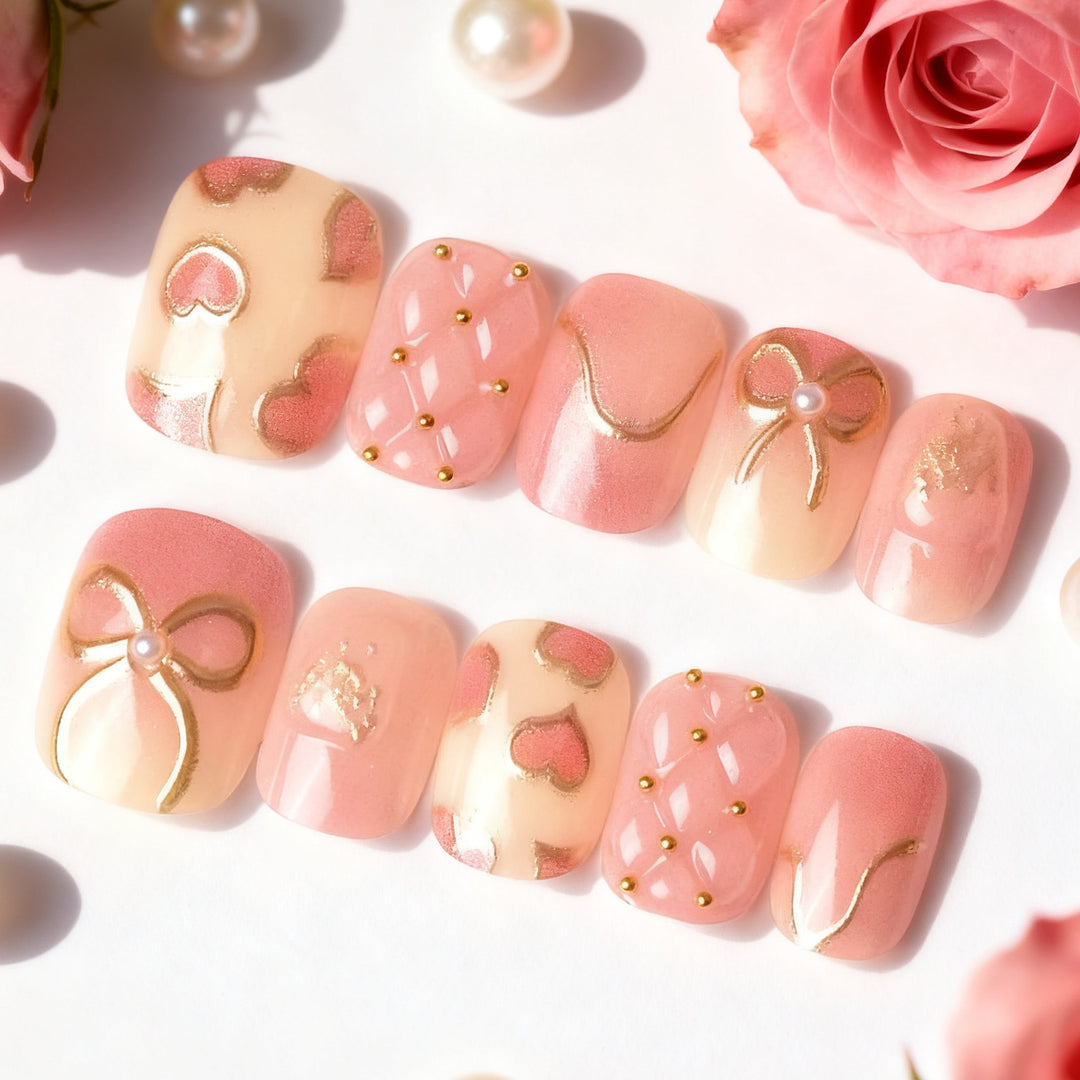Elegant Heart and Ribbon-Themed Press-On Nail Set Kalsten