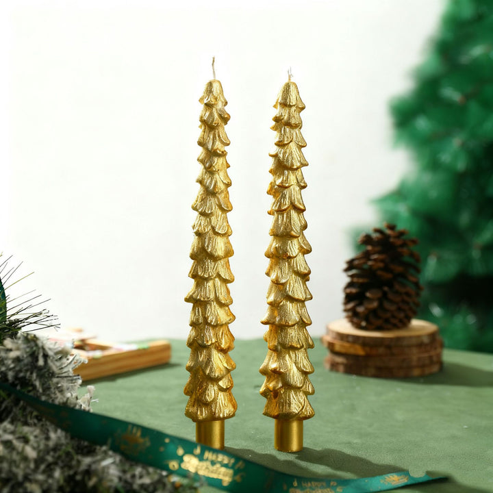 Sculpted Evergreen Tree Taper Candle Set Decorative Holiday Table Candles