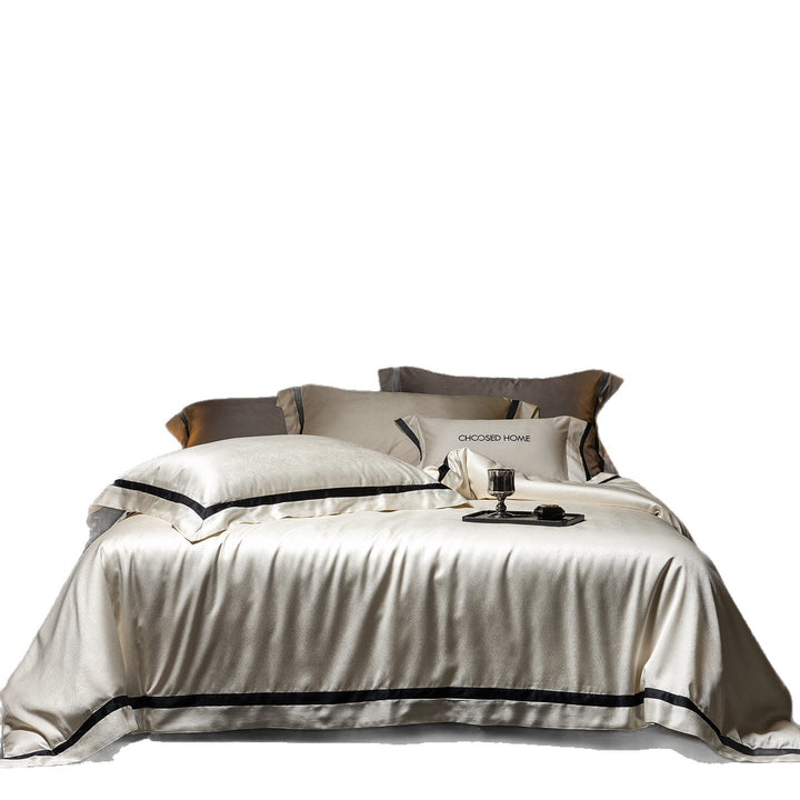 Luxurious satin bedding set with contrasting decorative trim