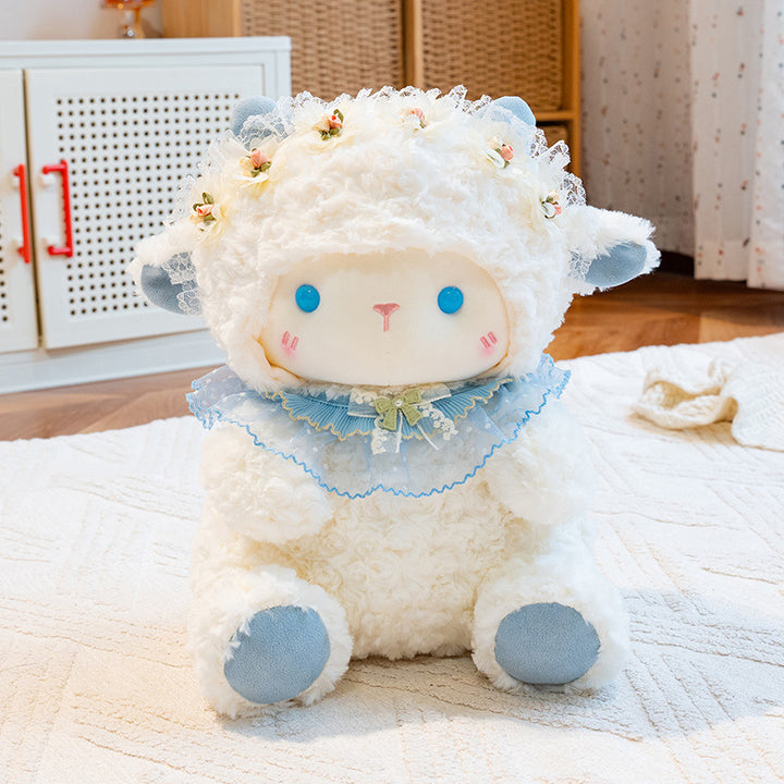 Plush Lamb Sitting Collectible with Floral Lace Headband and Decorative Ruffle Collar Kalsten