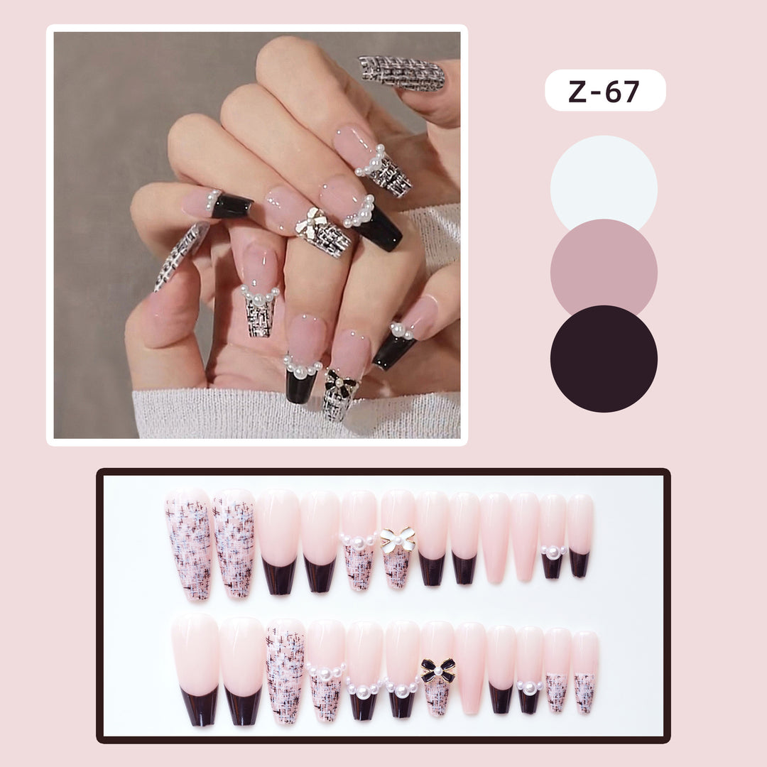 Decorative Press-On Nail Set with Pearl and Bow Accents