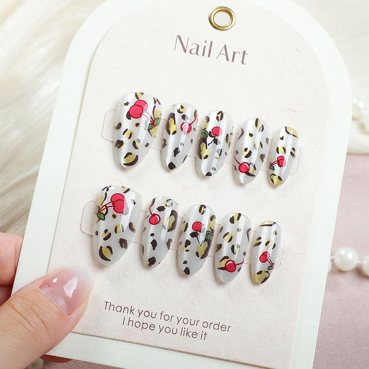 Artistic Cherry and Leopard Print Press-On Nail Art Set Kalsten