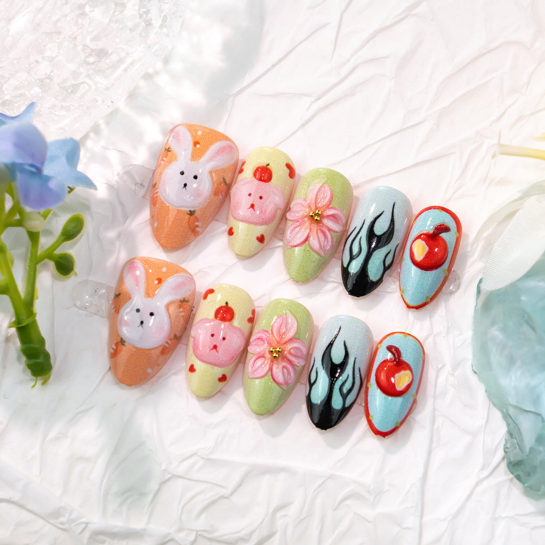 Whimsical Bunny and Floral Press-On Nail Art Set