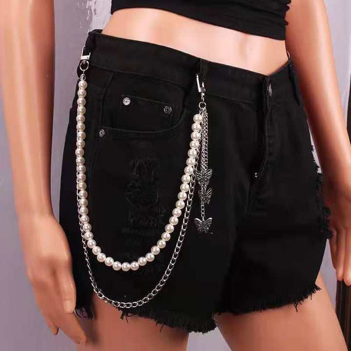 Fashionable belt with pearl and chain pendants Kalsten
