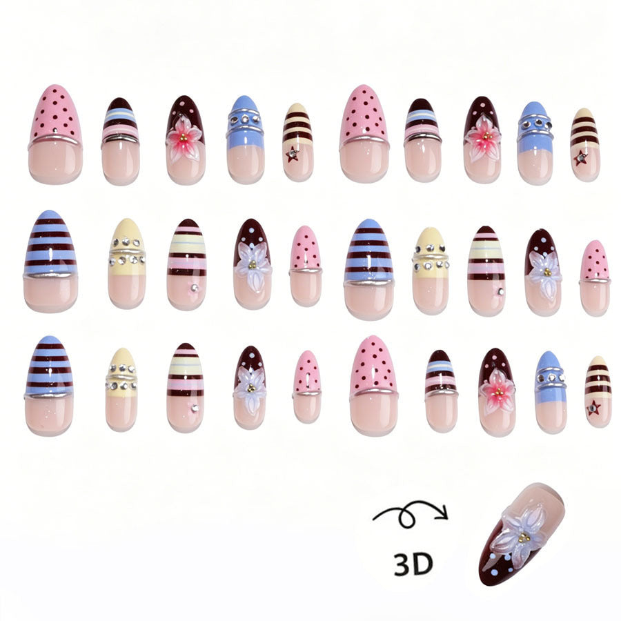 Creative nail art set with floral and striped accents Kalsten