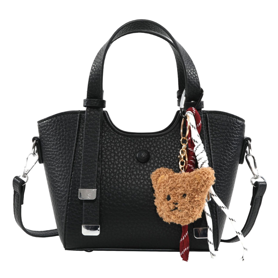 Textured Mini Tote Handbag with Charming Bear Keychain