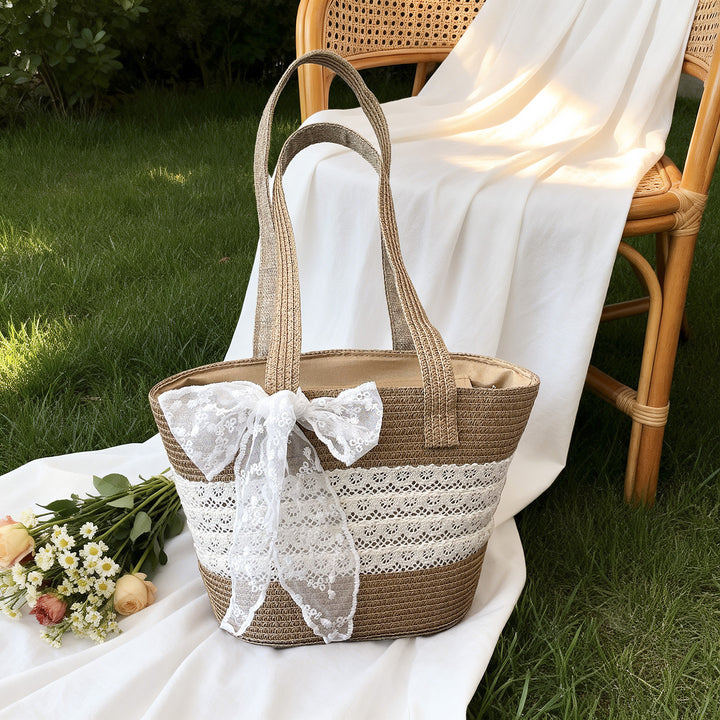 Elegant Lace-Embellished Straw Tote