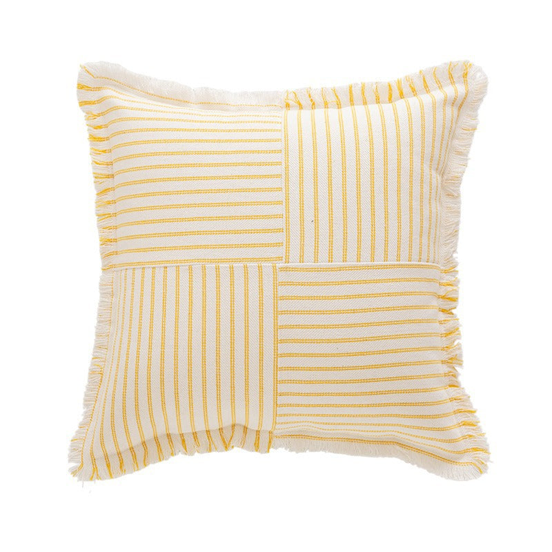 Striped Coastal-Inspired Cotton Square Pillow Cover with Fringed Edge and Concealed Zip