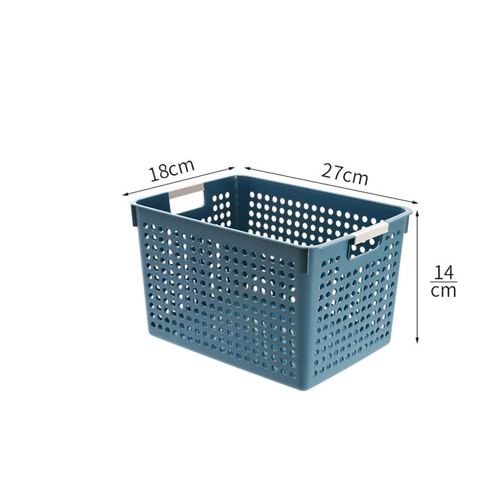 Flat plastic storage box with perforated side wall and grip recesses