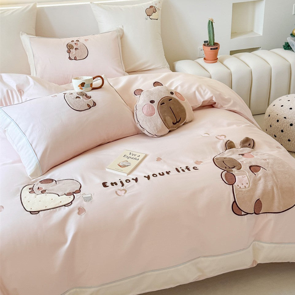 Kawaii bedding set with appliquéd plush bears and breathable cotton satin