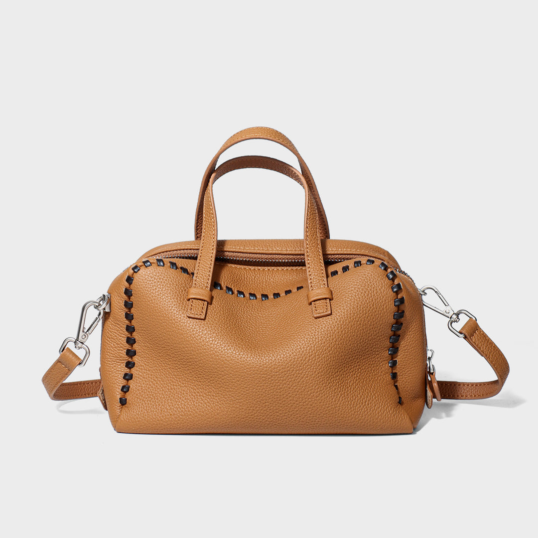 Pebbled Leather Top-Handle Crossbody Satchel with Whipstitch Trim