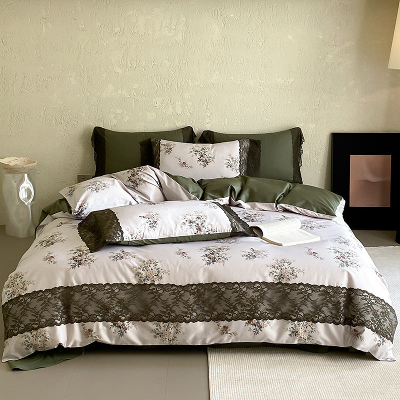 Satin bed linen set with floral print and delicate lace trim