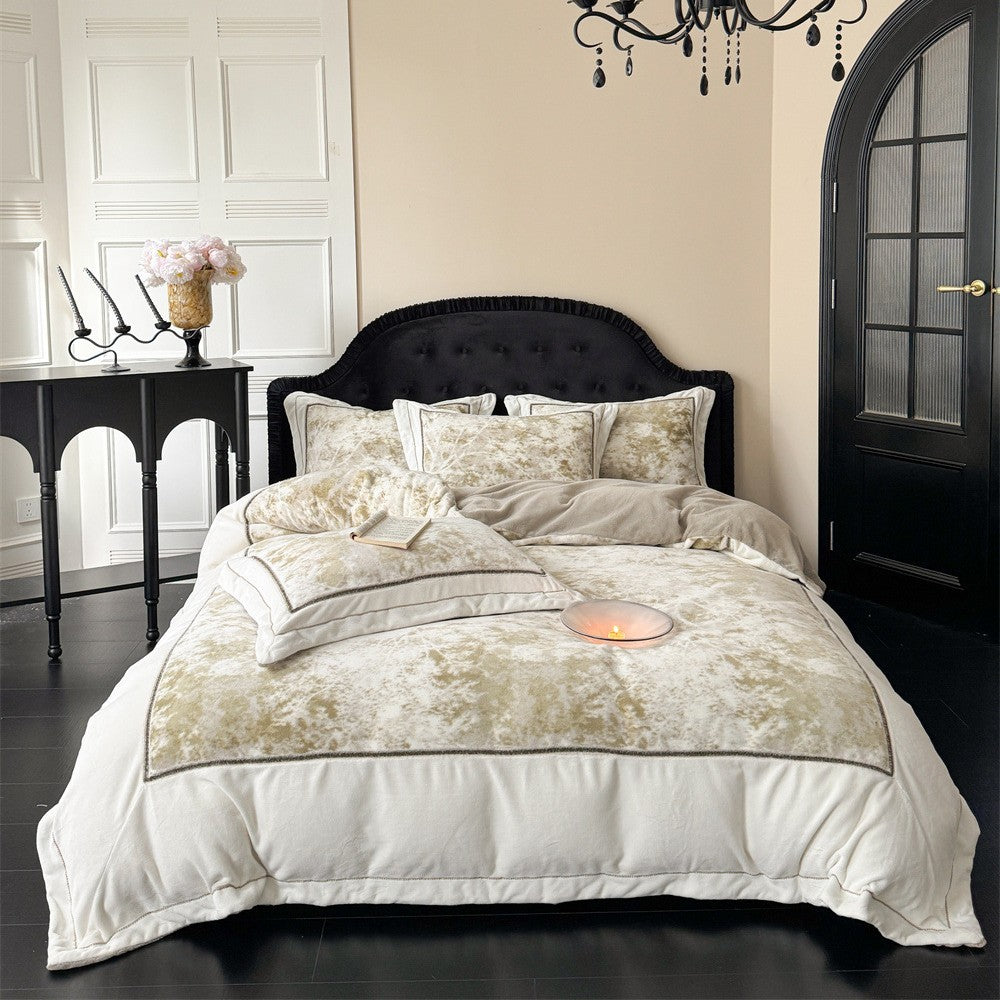 Luxurious velvet bedding set with floral texture and quilted edge