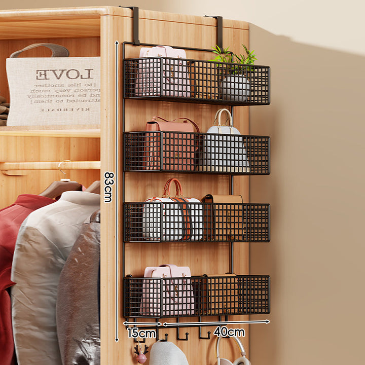 Over-Door Four-Tier Metal Mesh Hanging Storage Organizer with Integrated Hooks