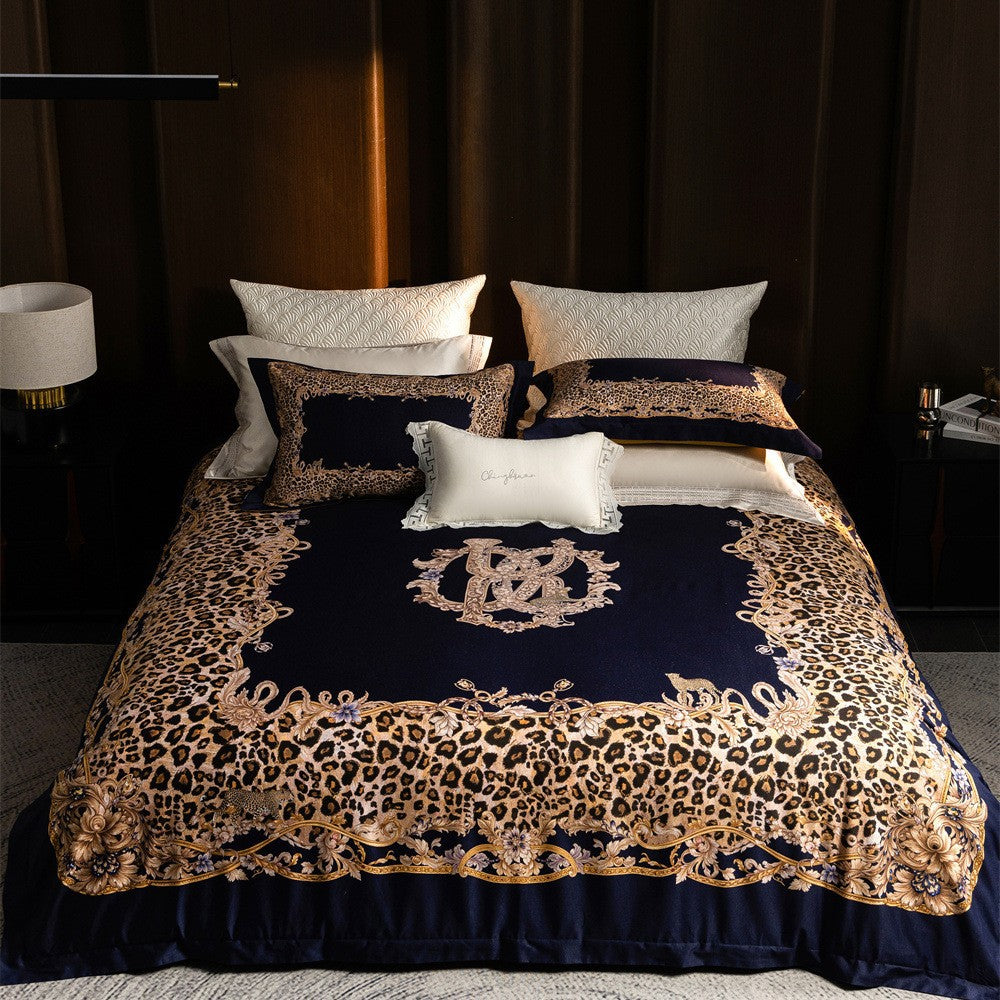 Luxurious satin bedding set with baroque leopard pattern