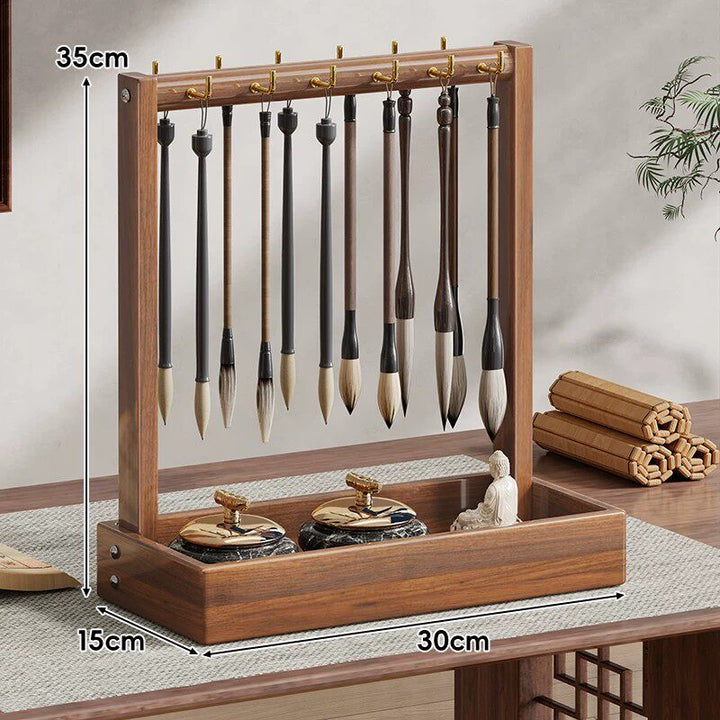 Desktop Wooden Calligraphy Brush Stand with Sand Tray and Hanging Hooks