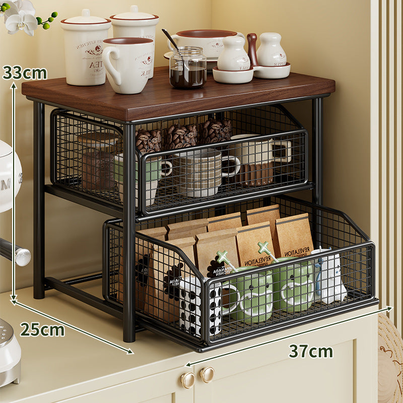 Sliding Mesh Cabinet Basket with Wood-Top Counter Riser