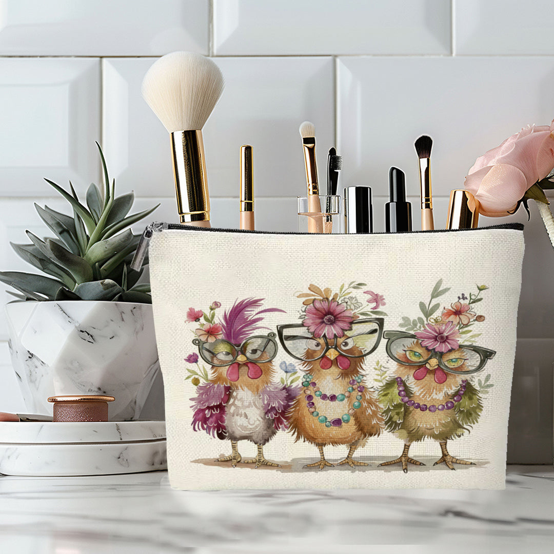 Embroidered Owl Textured Makeup Pouch With Zipper And Water-Resistant Lining