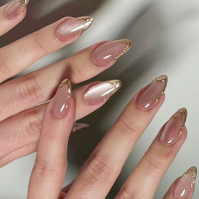Elegant Almond-Shaped Press-On Nails with Golden Details