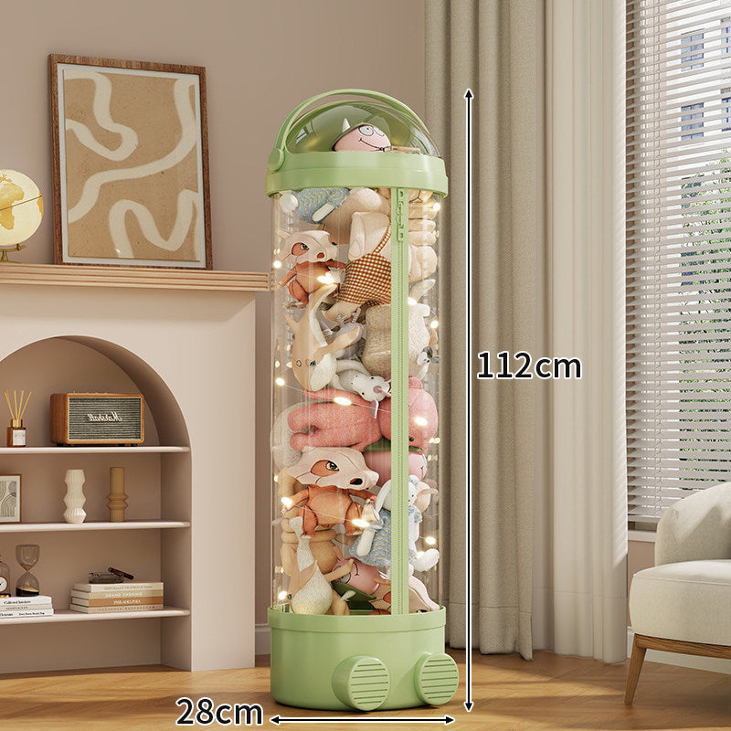 Tall Cylindrical Toy and Plush Storage Organizer with Clear Zip Cover and Rolling Vent Base