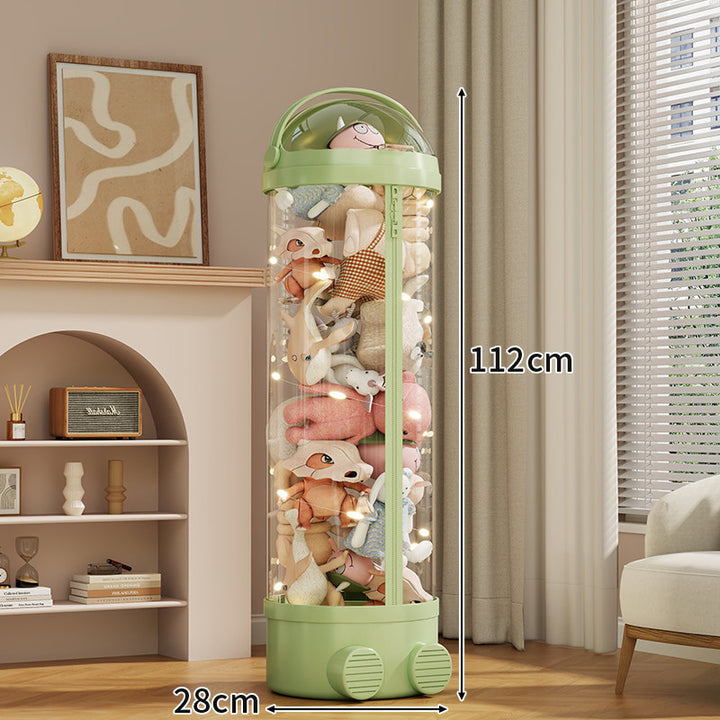 Tall Cylindrical Toy and Plush Storage Organizer with Clear Zip Cover and Rolling Vent Base