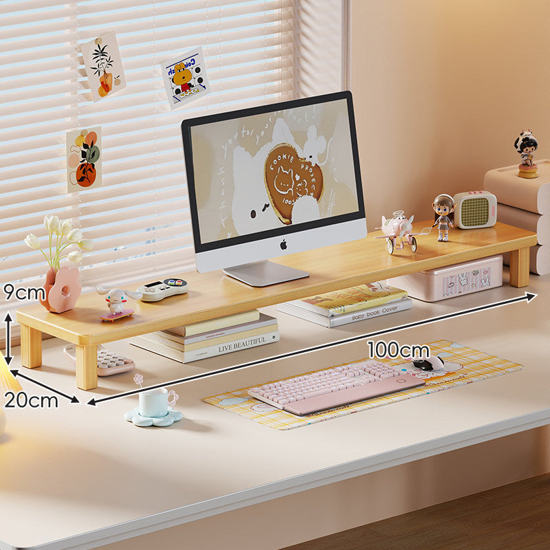 Solid Wood Elevated Desk Display Stand with Under-Shelf Storage and Sculpted Legs