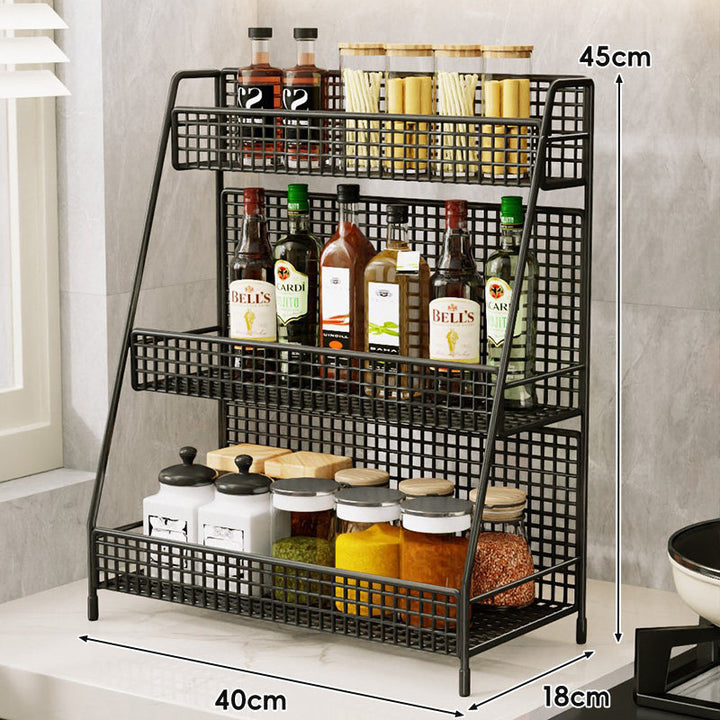 Three-Tier Mesh Countertop Kitchen Organizer Rack for Bottles and Spices