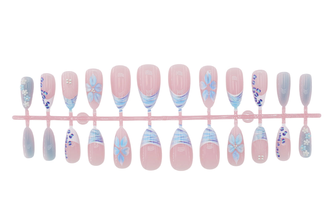 Artificial nail set with exquisite blue flower and glitter embellishments Kalsten
