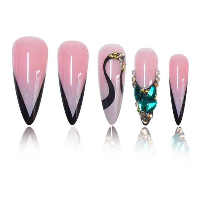 Artistic Stiletto Press-On Nail Art with Gemstone Accents Kalsten