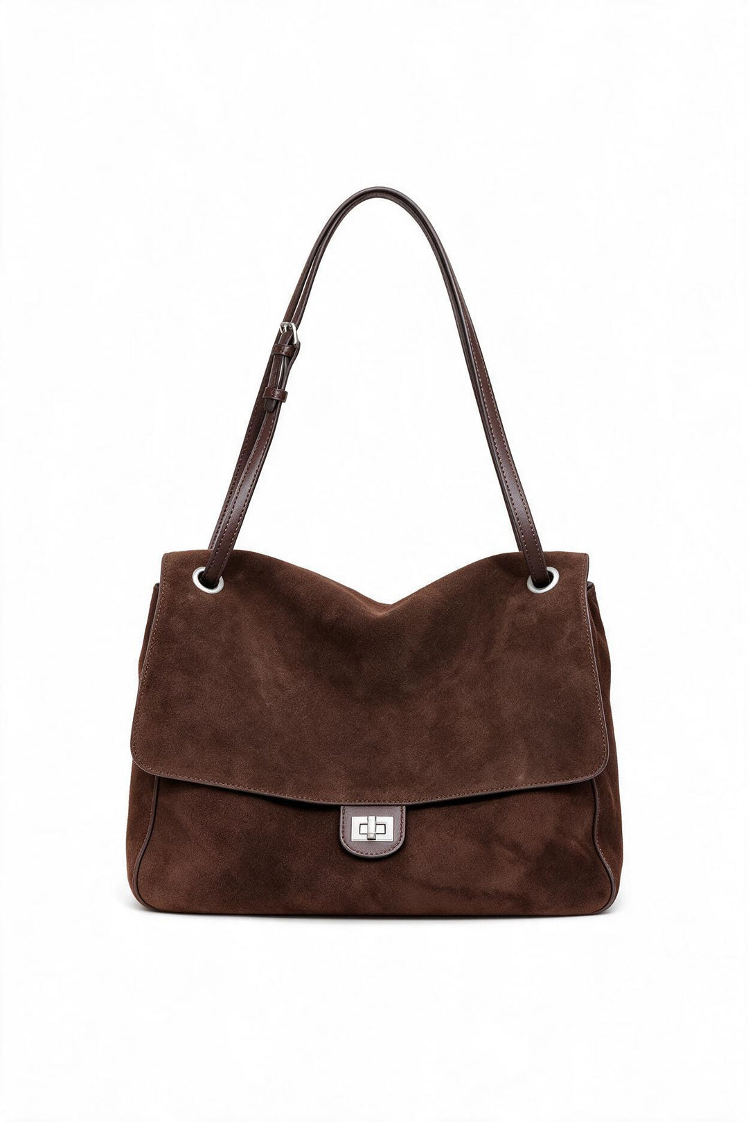 Suede Shoulder Tote Bag with Flap and Turn-Lock Closure