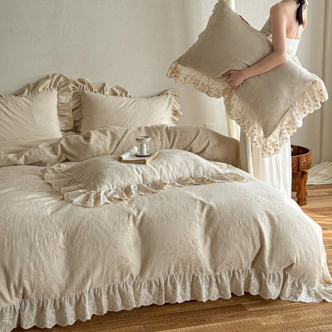 Cotton-linen bedding set with subtle jacquard floral pattern and ruffle trim