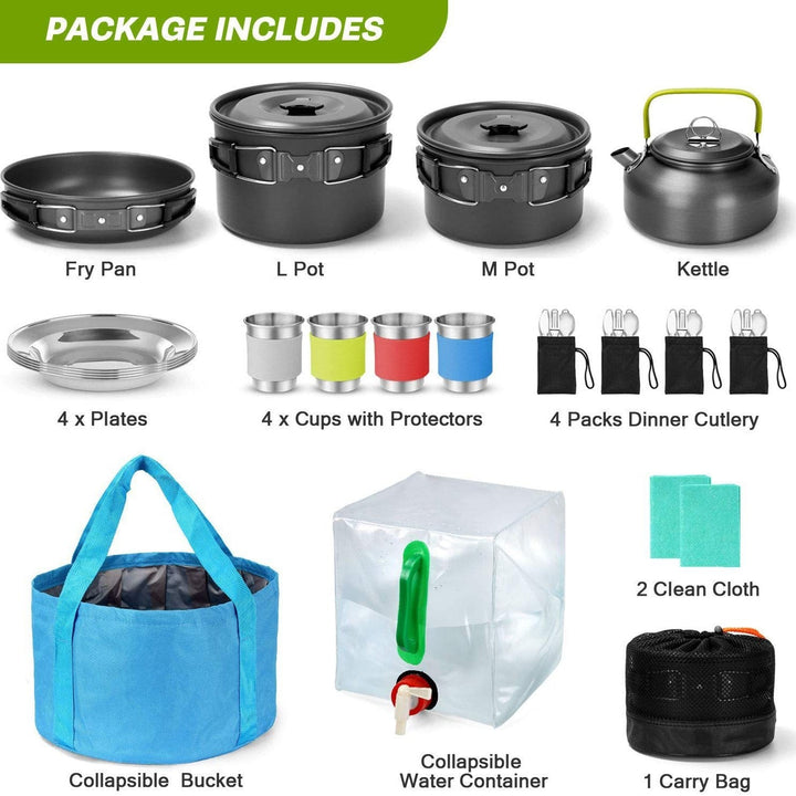 compact nesting anodized aluminum camping cookware kit with kettle nonstick pots frying pan foldable wash basin stainless steel plates cups Kalsten