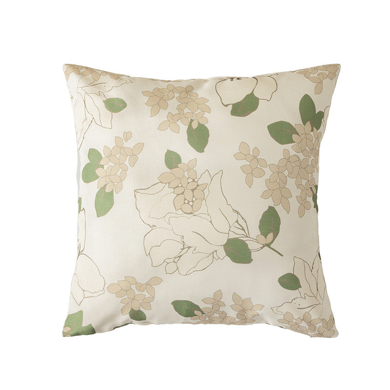 Rectangular decorative cushion with sketchy floral print and fine linen look
