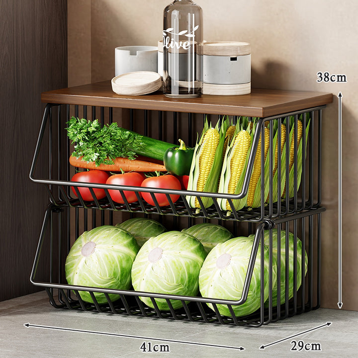 Multi-Tier Rolling Kitchen Fruit and Vegetable Storage Cart with Wood Top
