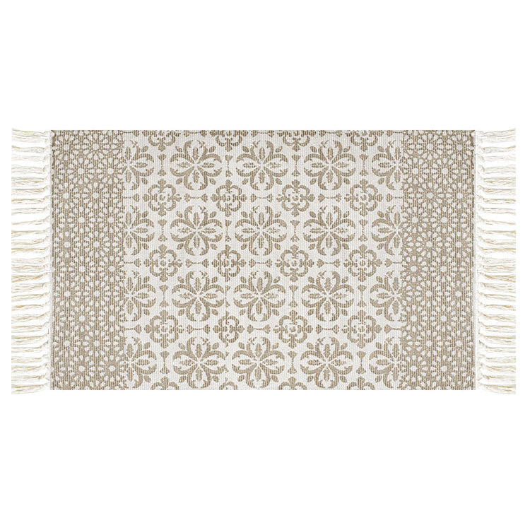 Flat-woven cotton runner with Mediterranean tile jacquard and decorative fringes Kalsten