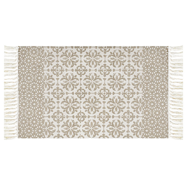 Flat-woven cotton runner with Mediterranean tile jacquard and decorative fringes Kalsten